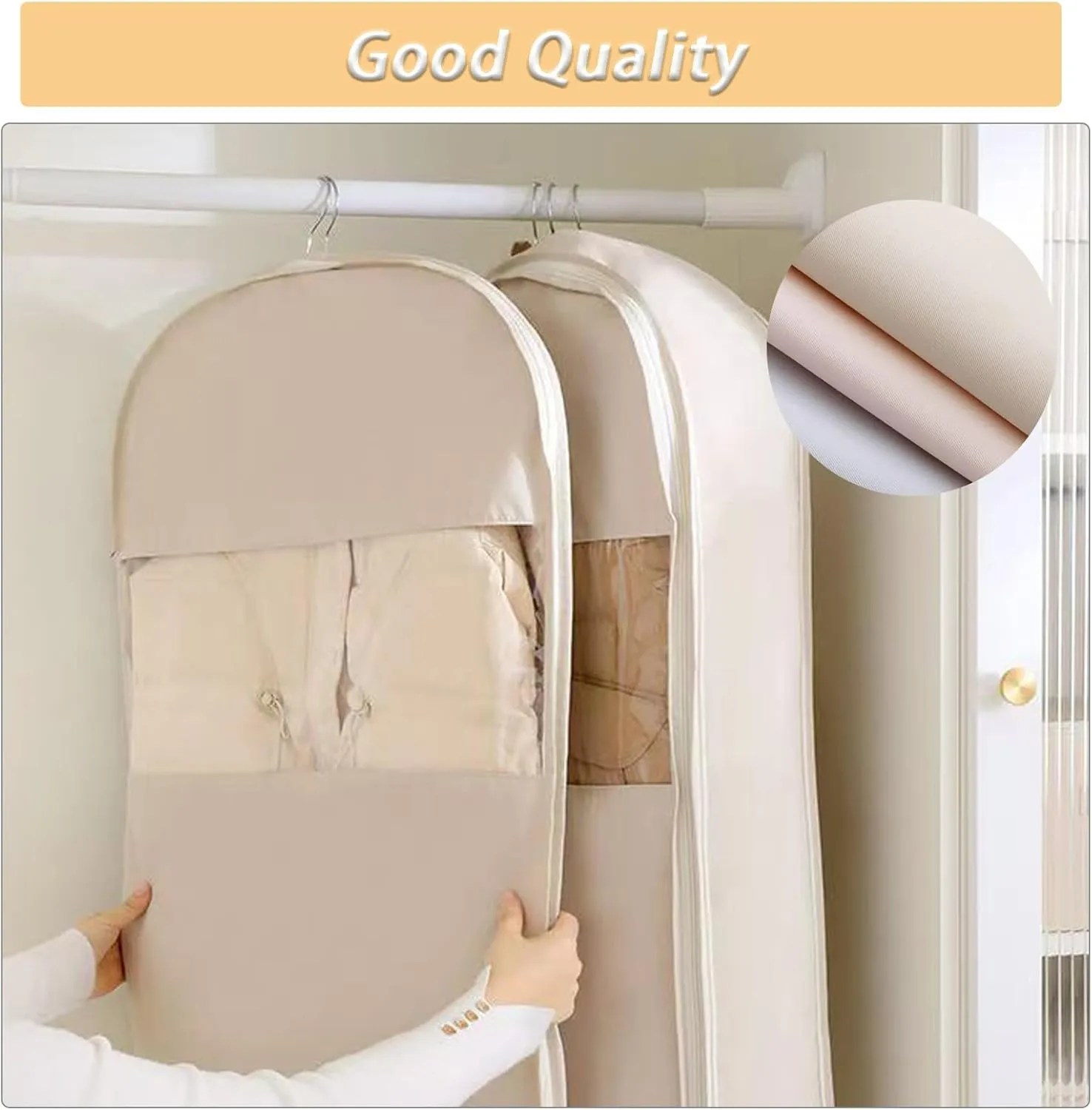 Garment Bags for Hanging Clothes Travel, Space Saving Hanging Garment Bag with Self Compression Zipper (Beige, L)
