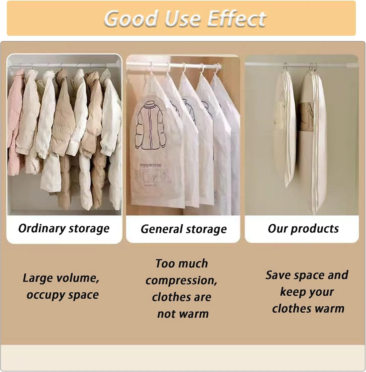 Garment Bags for Hanging Clothes Travel, Space Saving Hanging Garment Bag with Self Compression Zipper (Beige, L)
