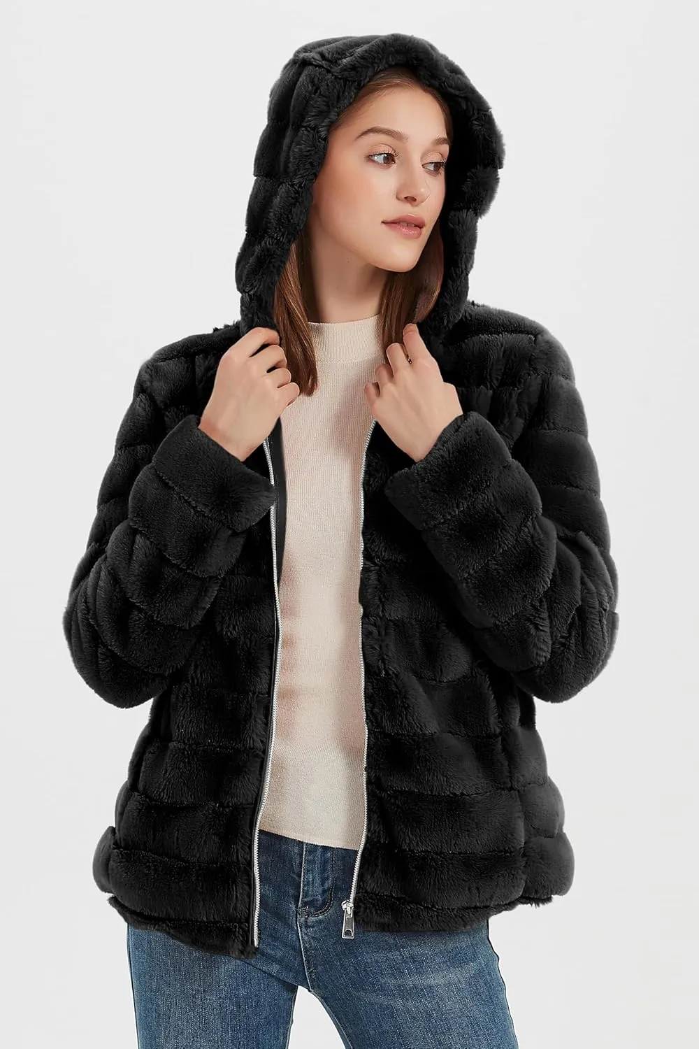 Geschallino Women's Faux Fur Coat Fleece Reversible Sherpa Fuzzy Winter Puffer Jacket (Available in Plus Size)