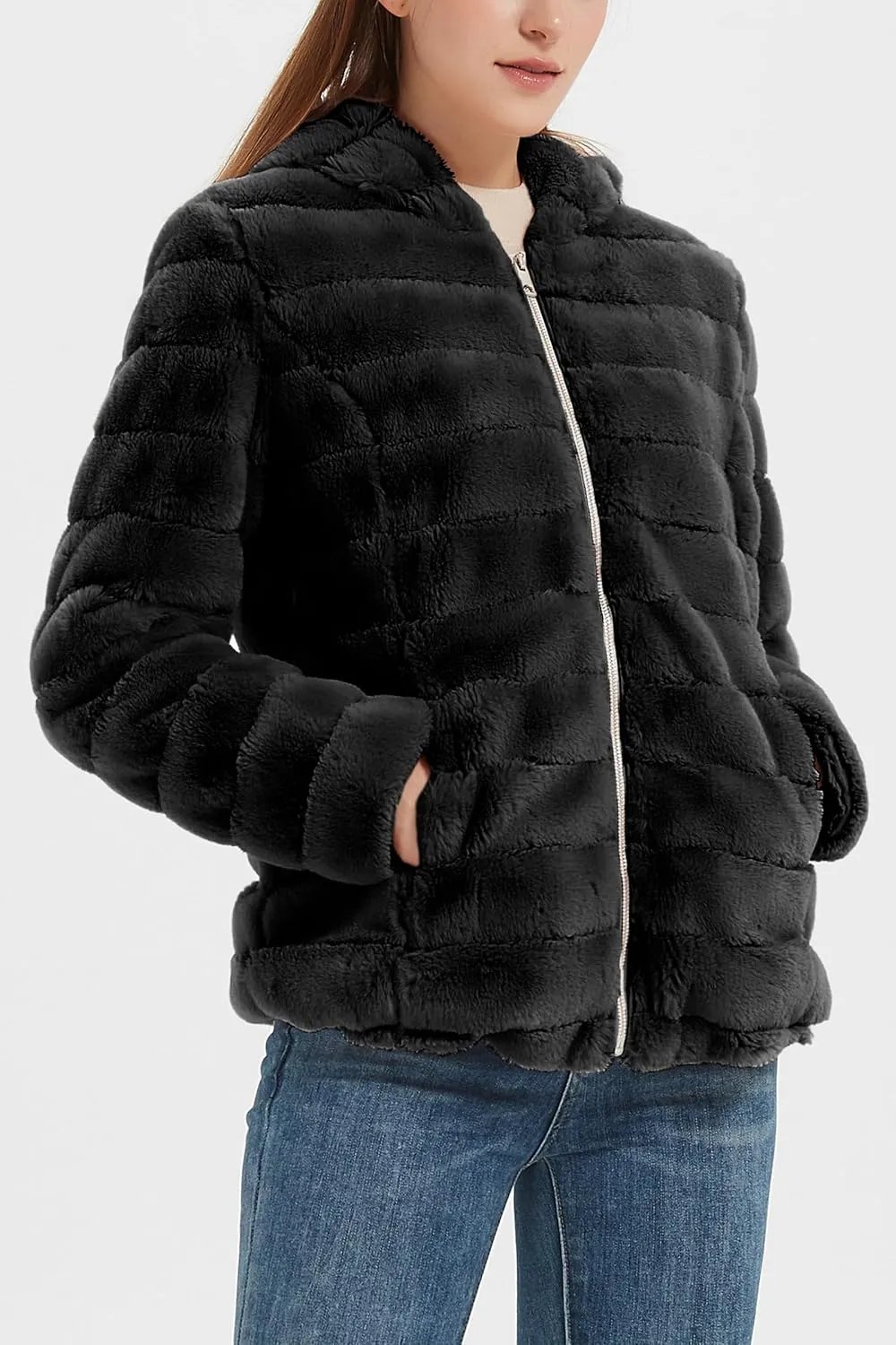 Geschallino Women's Faux Fur Coat Fleece Reversible Sherpa Fuzzy Winter Puffer Jacket (Available in Plus Size)