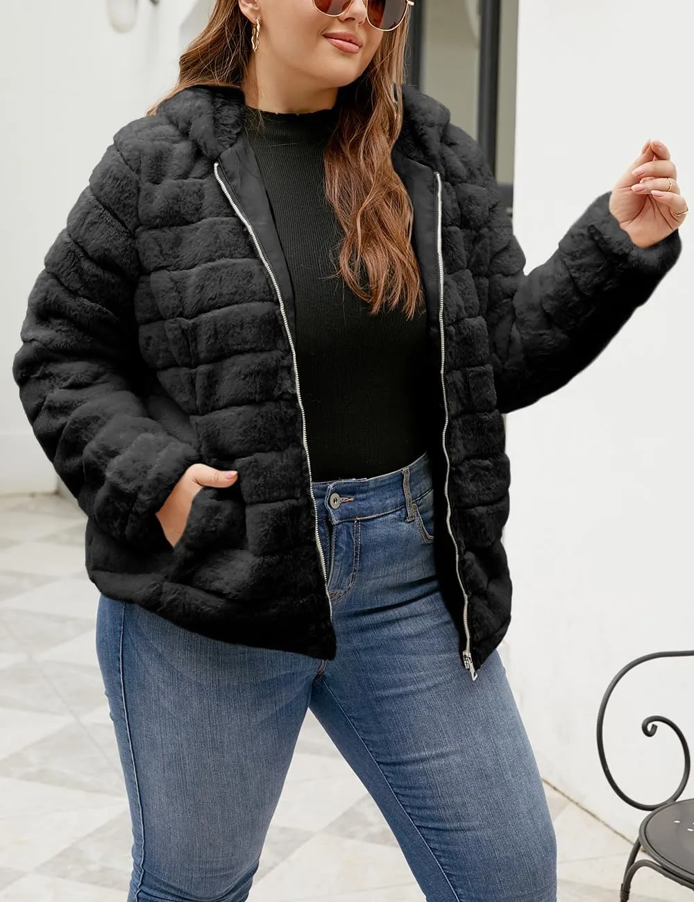 Geschallino Women's Faux Fur Coat Fleece Reversible Sherpa Fuzzy Winter Puffer Jacket (Available in Plus Size)