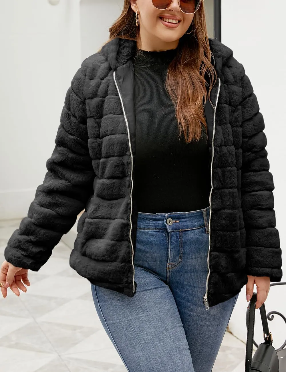 Geschallino Women's Faux Fur Coat Fleece Reversible Sherpa Fuzzy Winter Puffer Jacket (Available in Plus Size)