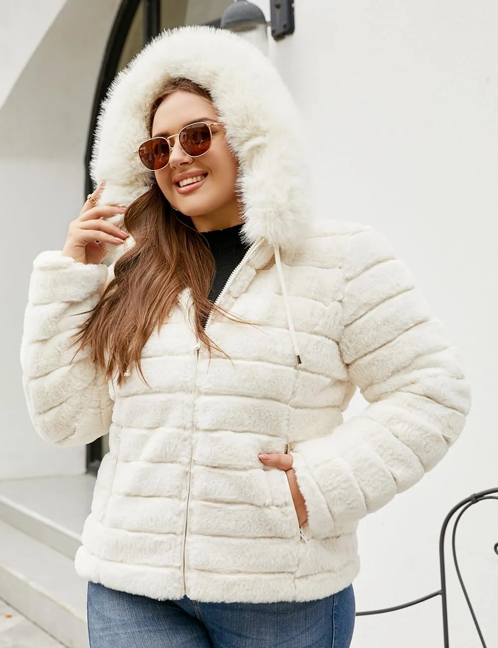 Geschallino Women's Faux Fur Coat Fleece Reversible Sherpa Fuzzy Winter Puffer Jacket (Available in Plus Size)