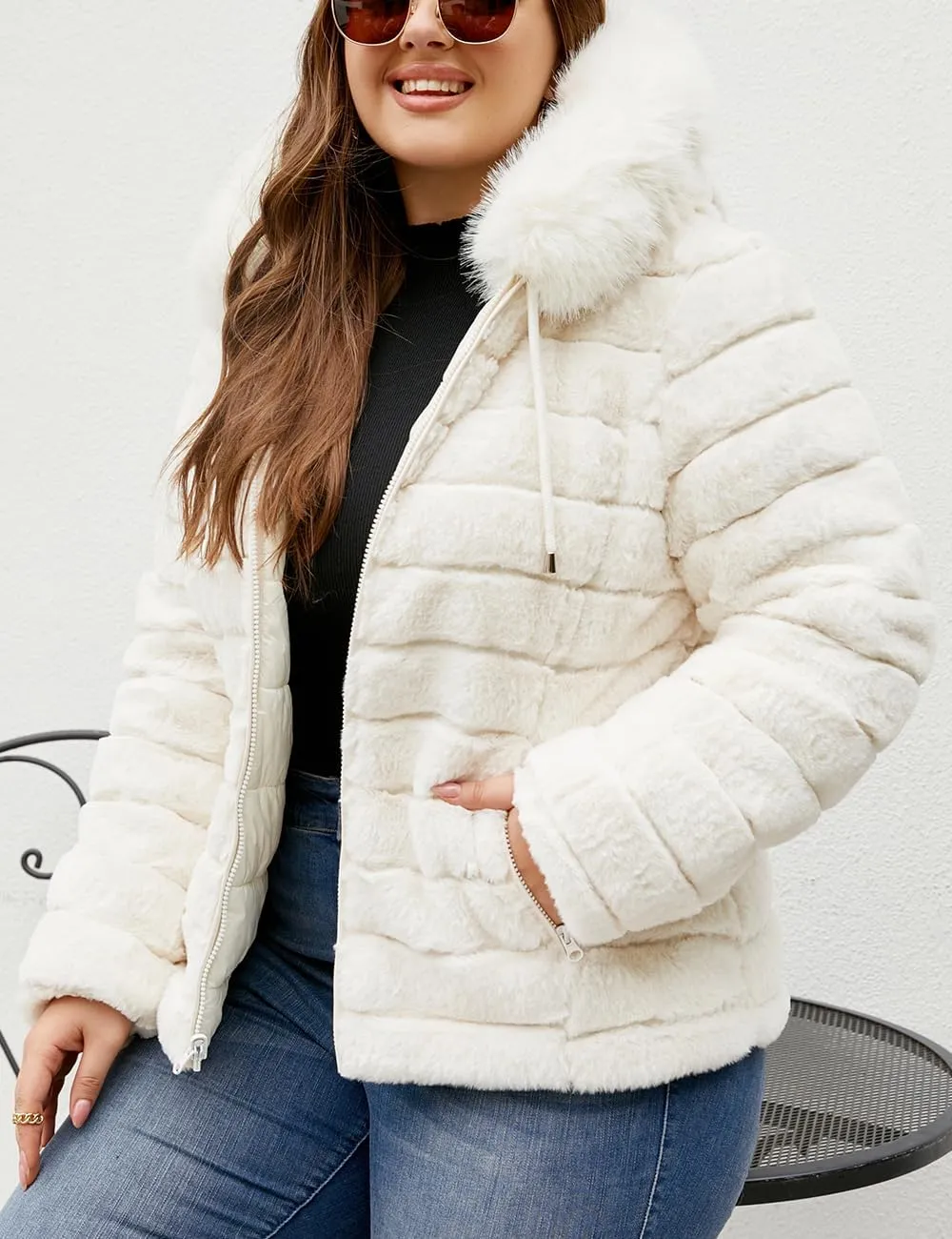 Geschallino Women's Faux Fur Coat Fleece Reversible Sherpa Fuzzy Winter Puffer Jacket (Available in Plus Size)