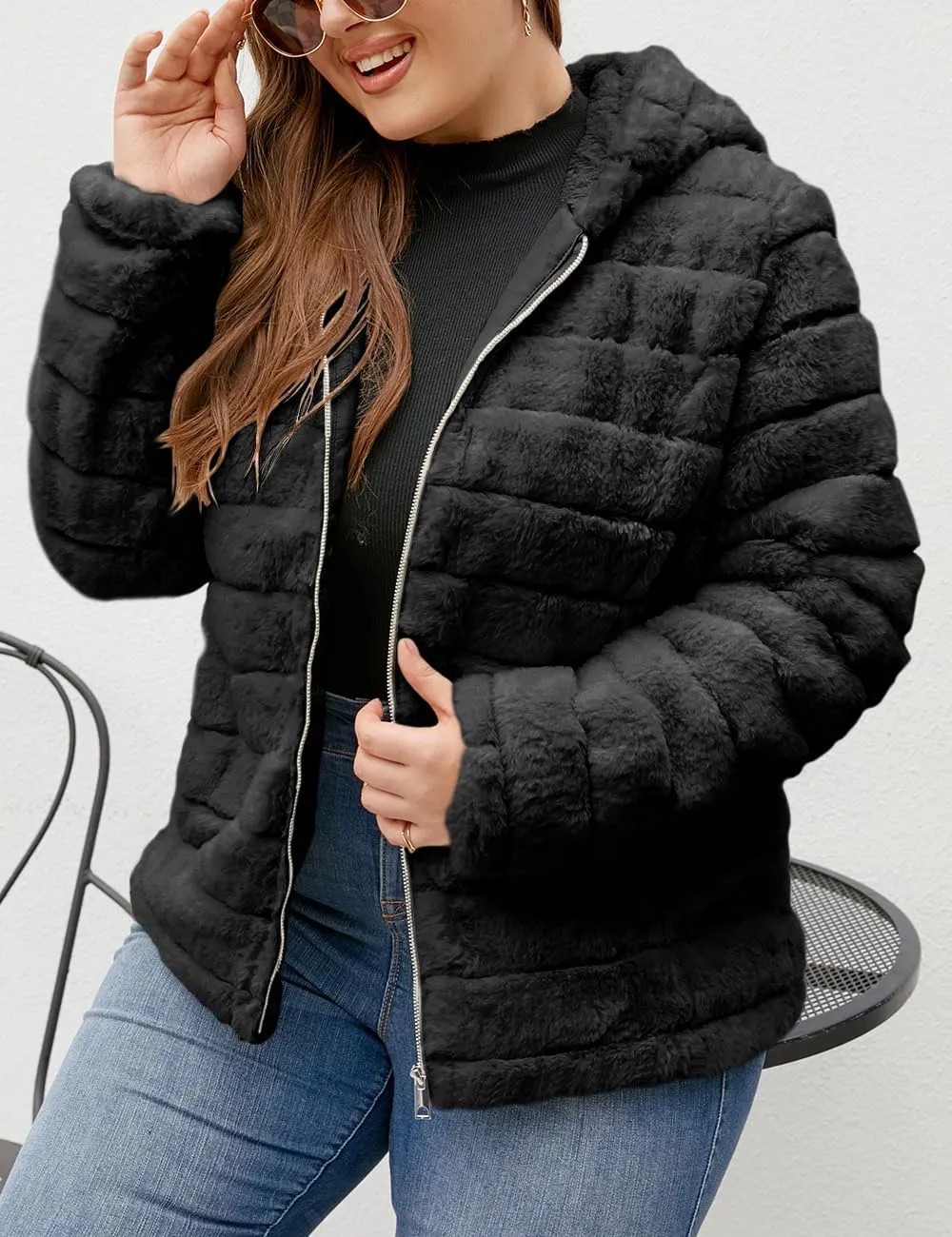 Geschallino Women's Faux Fur Coat Fleece Reversible Sherpa Fuzzy Winter Puffer Jacket (Available in Plus Size)