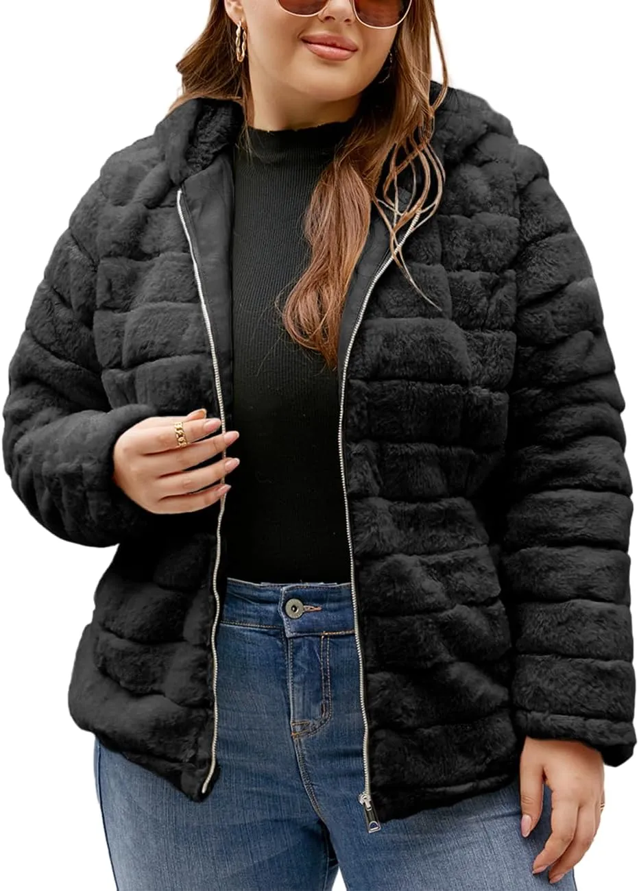 Geschallino Women's Faux Fur Coat Fleece Reversible Sherpa Fuzzy Winter Puffer Jacket (Available in Plus Size)