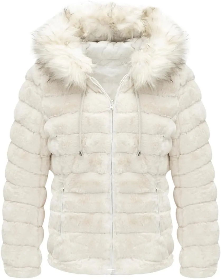 Geschallino Women's Faux Fur Coat Fleece Reversible Sherpa Fuzzy Winter Puffer Jacket (Available in Plus Size)