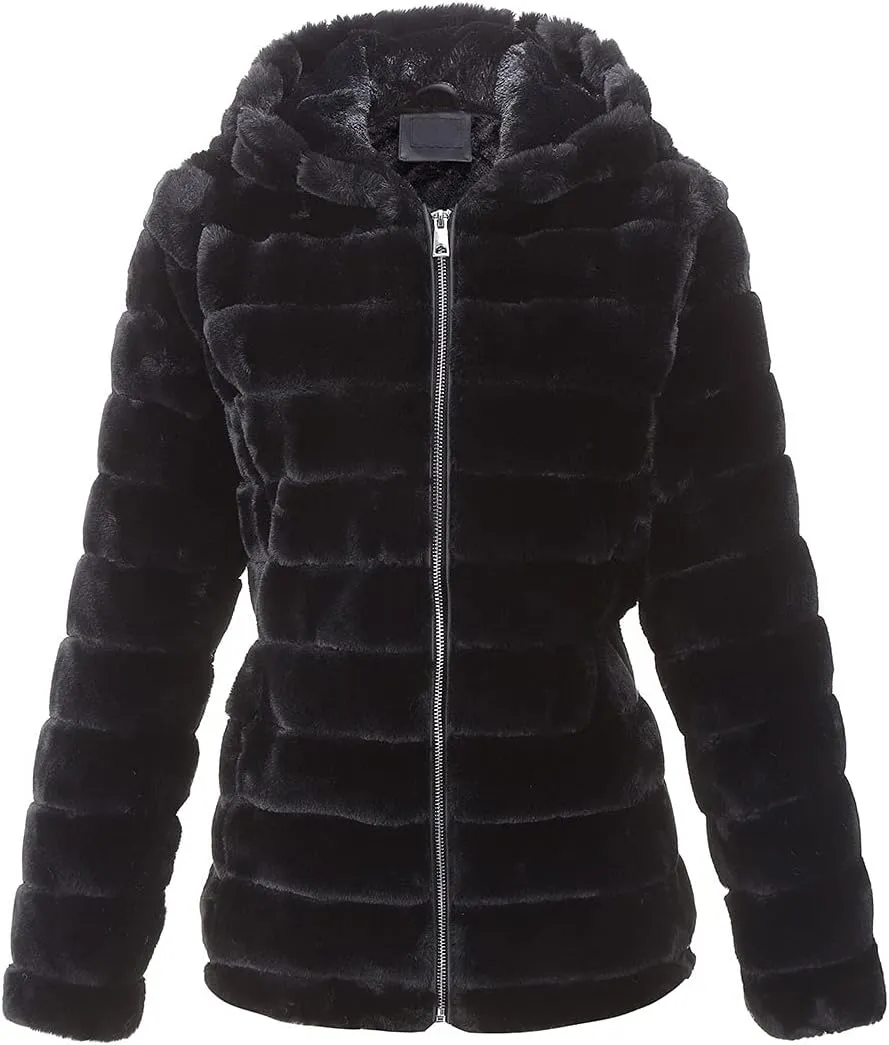 Geschallino Women's Faux Fur Coat Fleece Reversible Sherpa Fuzzy Winter Puffer Jacket (Available in Plus Size)