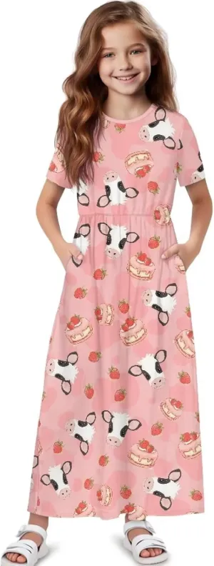 Girls Maxi Dress with Pockets Short Sleeve Swing Flowy Dress Holiday Dresses Summer Beach Sundress for 5-14 Years