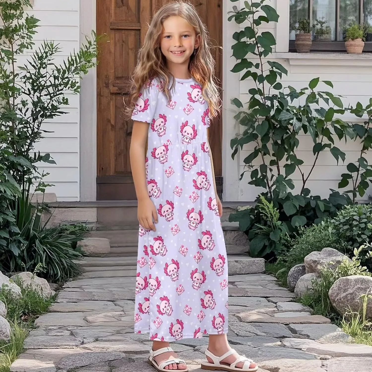 Girls Maxi Dress with Pockets Short Sleeve Swing Flowy Dress Holiday Dresses Summer Beach Sundress for 5-14 Years