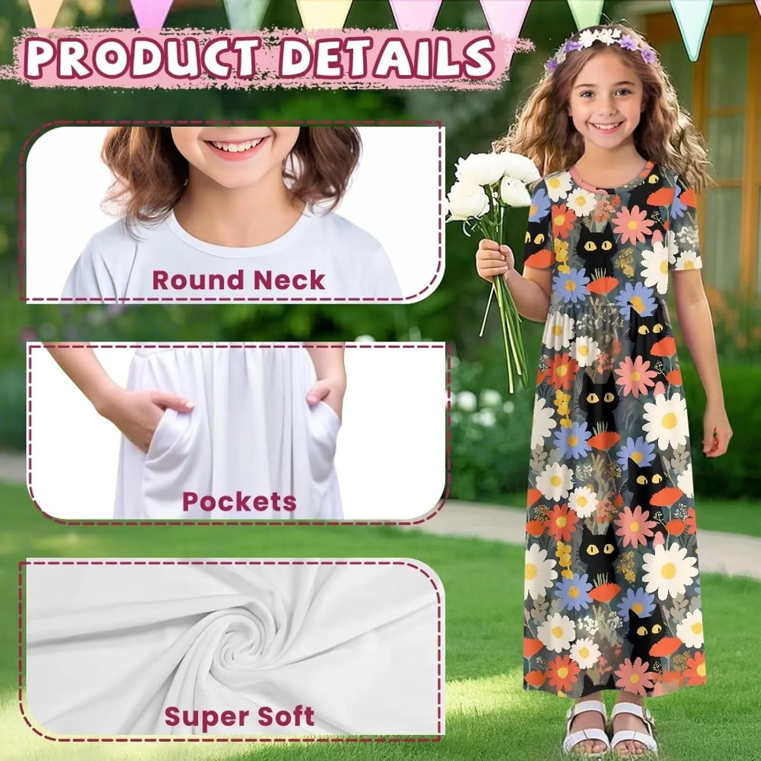 Girls Maxi Dress with Pockets Short Sleeve Swing Flowy Dress Holiday Dresses Summer Beach Sundress for 5-14 Years