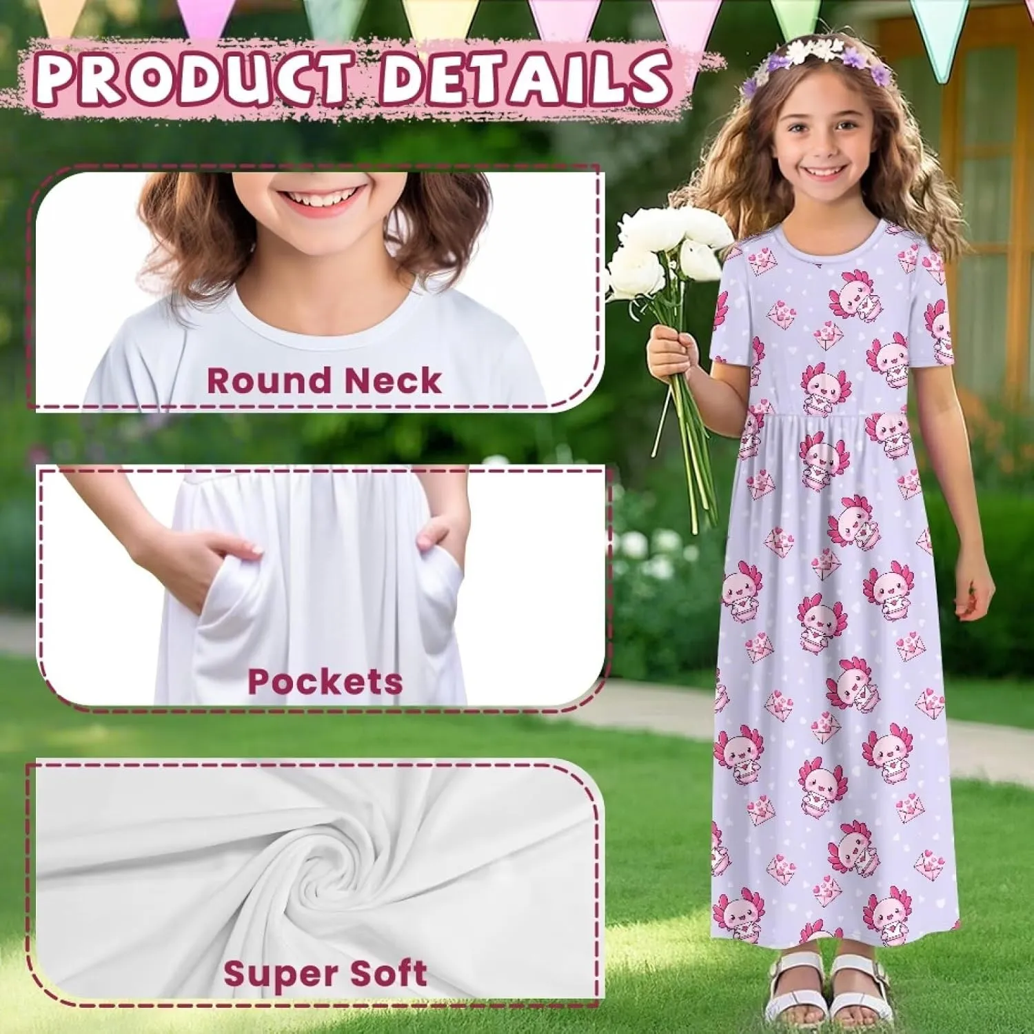 Girls Maxi Dress with Pockets Short Sleeve Swing Flowy Dress Holiday Dresses Summer Beach Sundress for 5-14 Years
