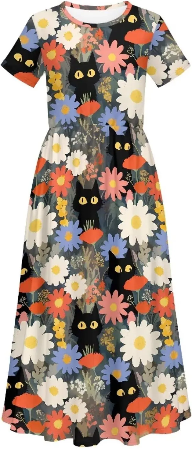 Girls Maxi Dress with Pockets Short Sleeve Swing Flowy Dress Holiday Dresses Summer Beach Sundress for 5-14 Years