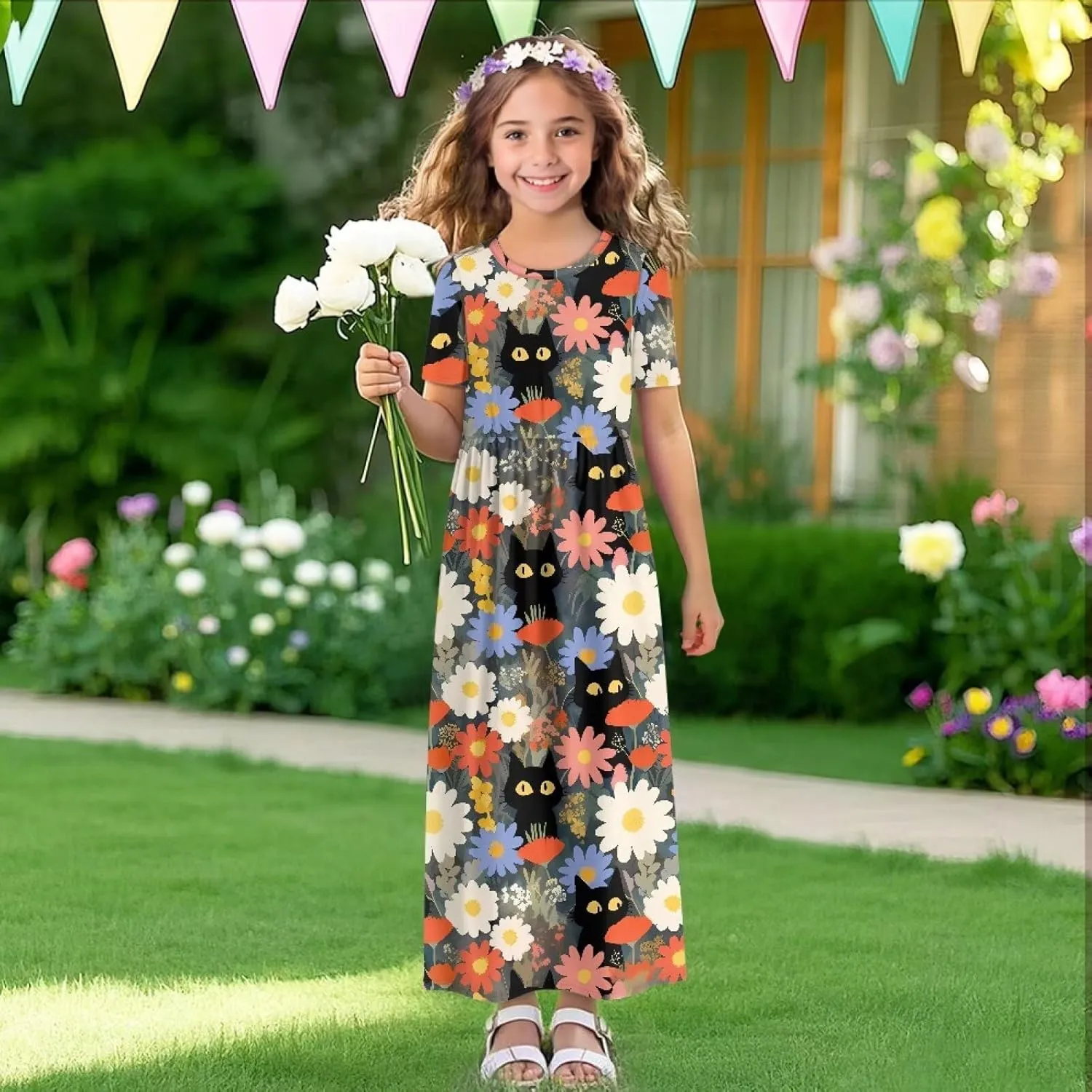 Girls Maxi Dress with Pockets Short Sleeve Swing Flowy Dress Holiday Dresses Summer Beach Sundress for 5-14 Years
