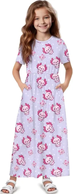 Girls Maxi Dress with Pockets Short Sleeve Swing Flowy Dress Holiday Dresses Summer Beach Sundress for 5-14 Years