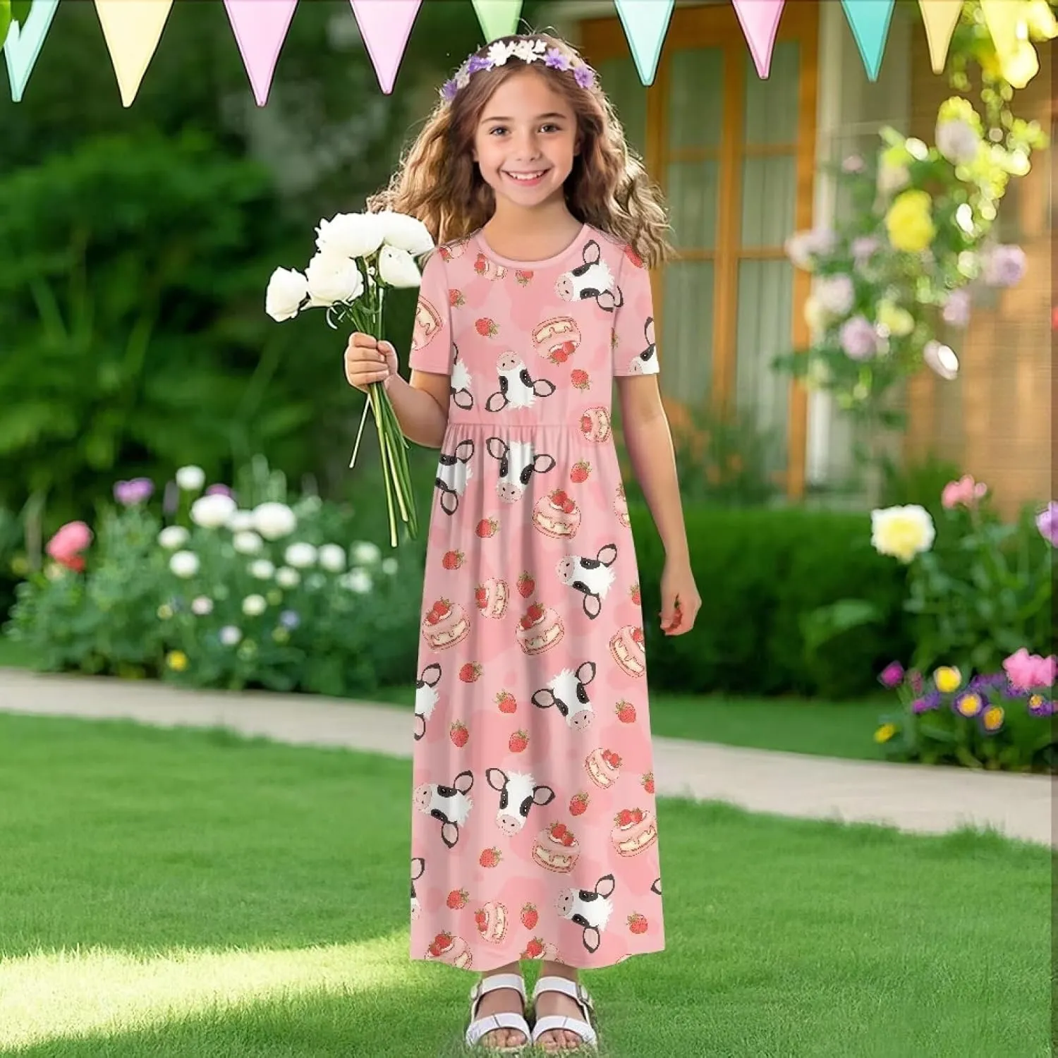 Girls Maxi Dress with Pockets Short Sleeve Swing Flowy Dress Holiday Dresses Summer Beach Sundress for 5-14 Years