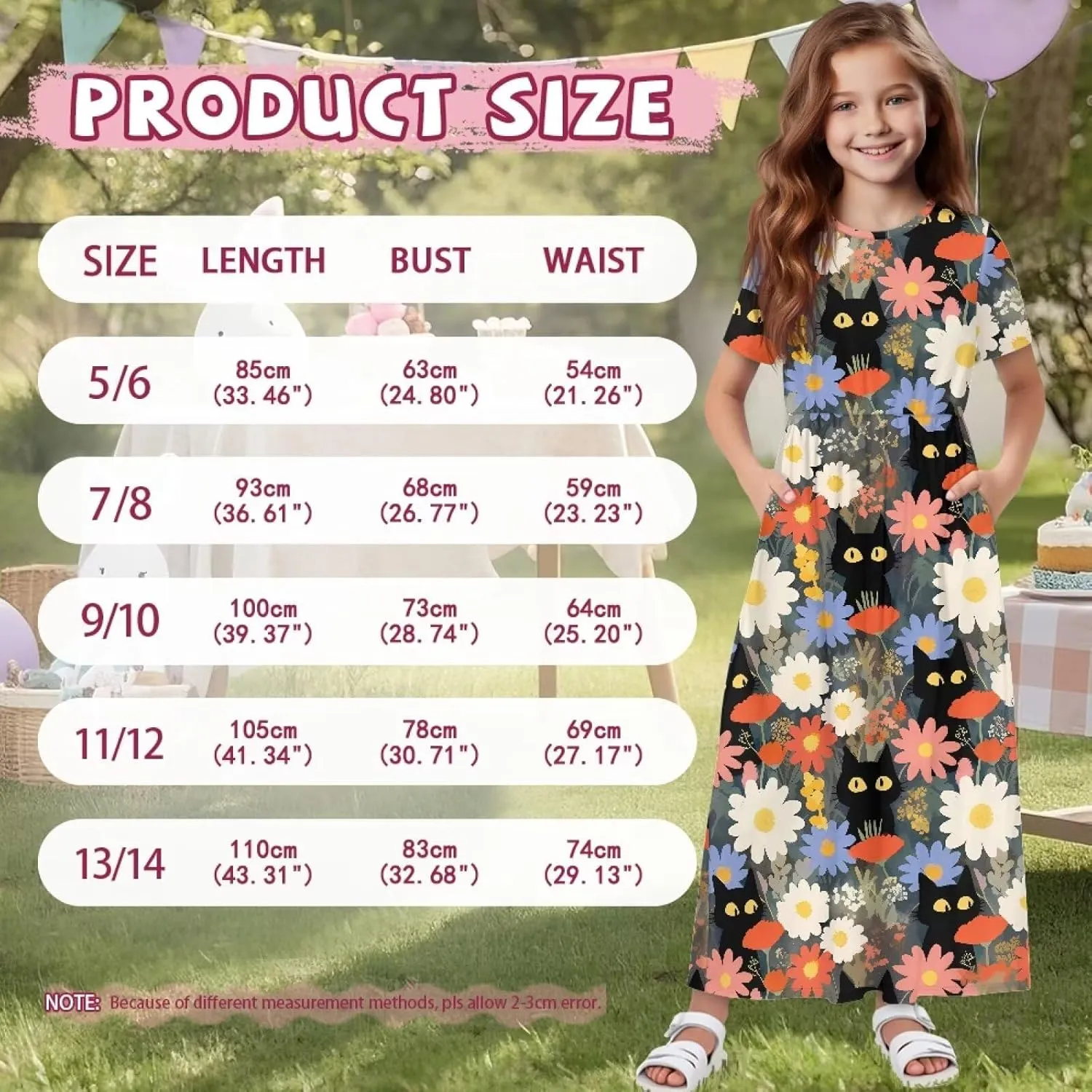 Girls Maxi Dress with Pockets Short Sleeve Swing Flowy Dress Holiday Dresses Summer Beach Sundress for 5-14 Years