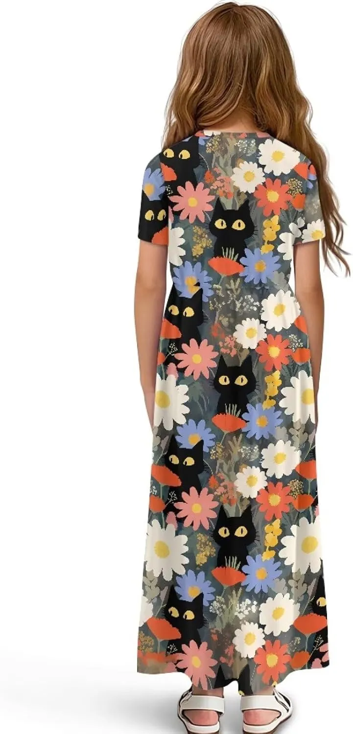 Girls Maxi Dress with Pockets Short Sleeve Swing Flowy Dress Holiday Dresses Summer Beach Sundress for 5-14 Years