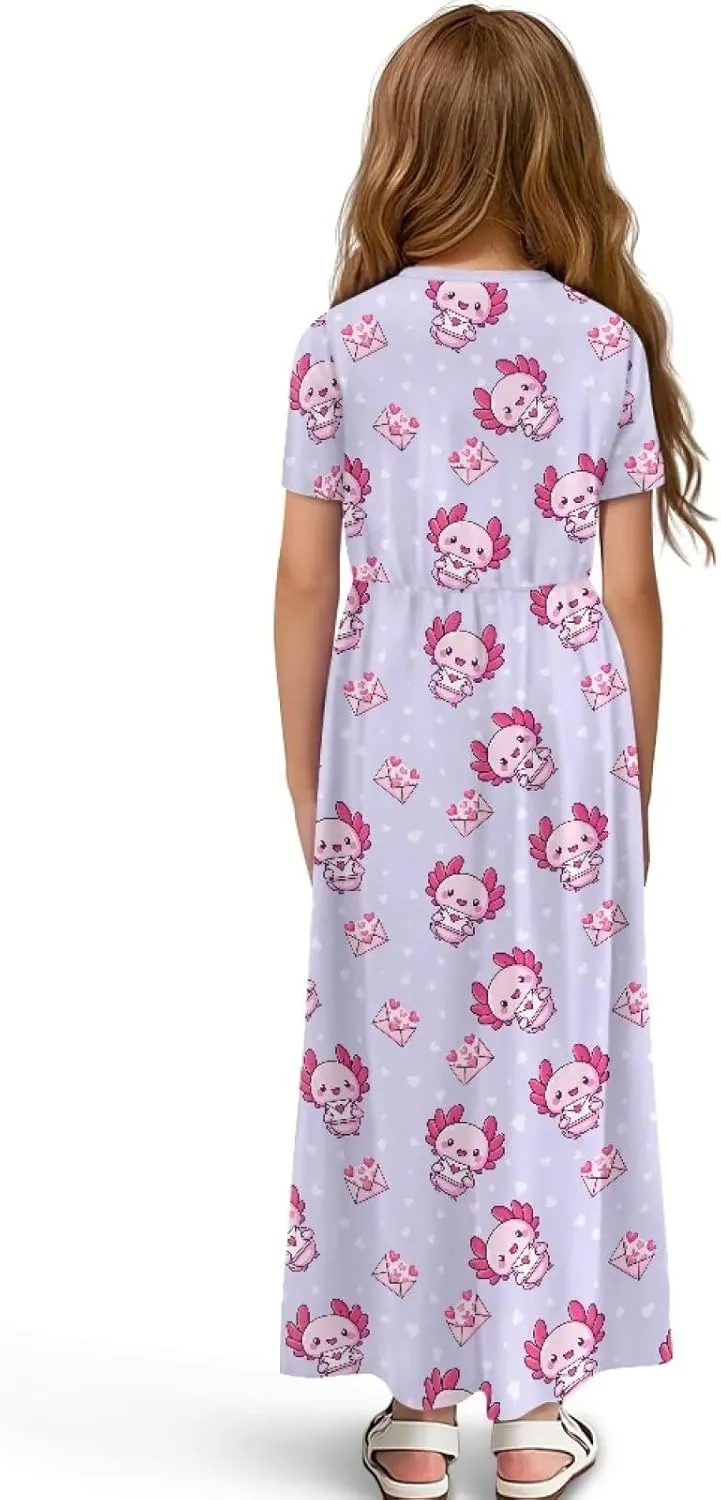 Girls Maxi Dress with Pockets Short Sleeve Swing Flowy Dress Holiday Dresses Summer Beach Sundress for 5-14 Years