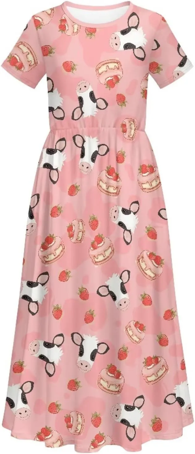 Girls Maxi Dress with Pockets Short Sleeve Swing Flowy Dress Holiday Dresses Summer Beach Sundress for 5-14 Years