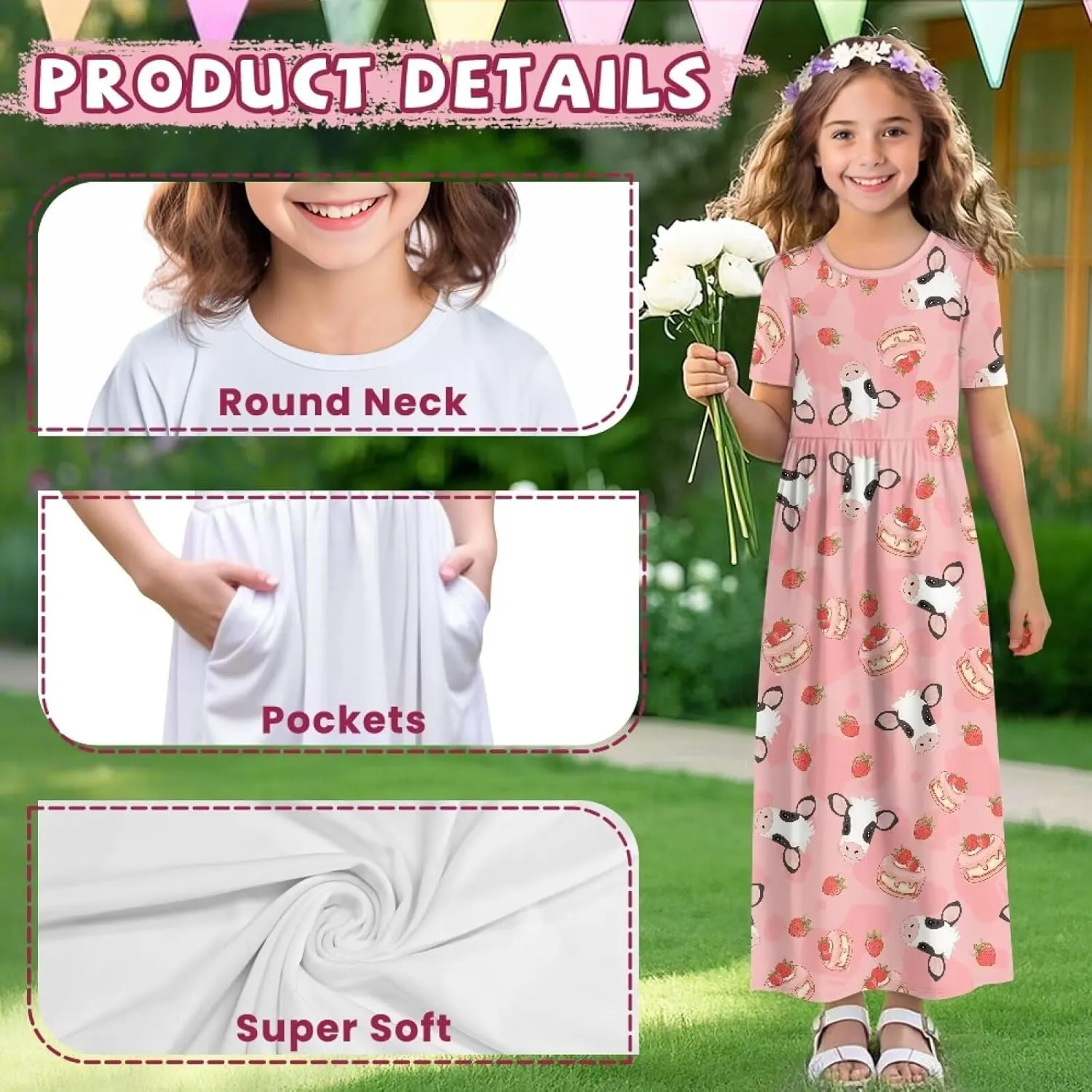 Girls Maxi Dress with Pockets Short Sleeve Swing Flowy Dress Holiday Dresses Summer Beach Sundress for 5-14 Years