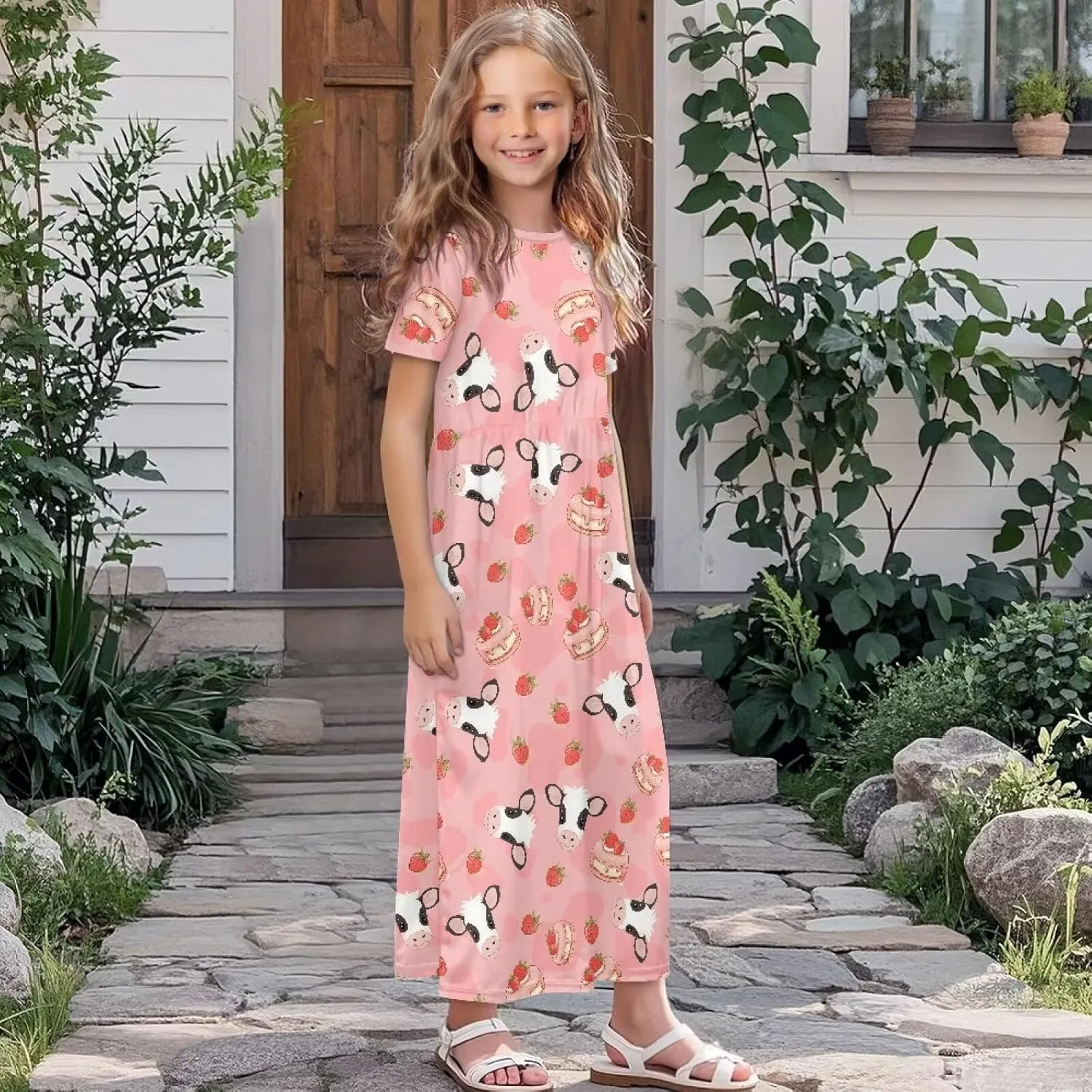 Girls Maxi Dress with Pockets Short Sleeve Swing Flowy Dress Holiday Dresses Summer Beach Sundress for 5-14 Years
