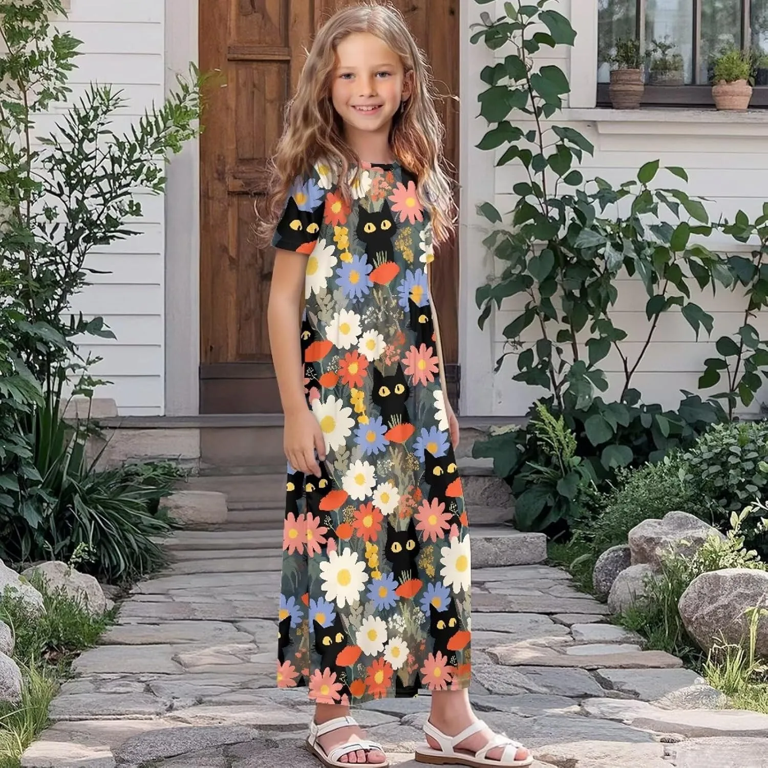 Girls Maxi Dress with Pockets Short Sleeve Swing Flowy Dress Holiday Dresses Summer Beach Sundress for 5-14 Years