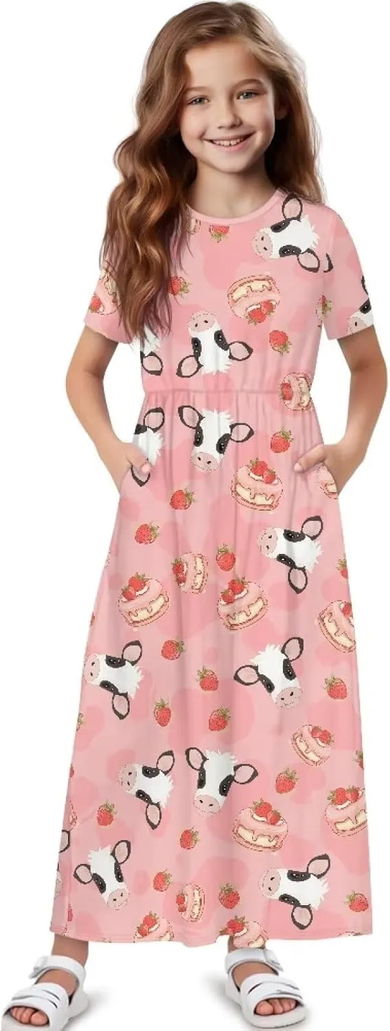 Girls Maxi Dress with Pockets Short Sleeve Swing Flowy Dress Holiday Dresses Summer Beach Sundress for 5-14 Years