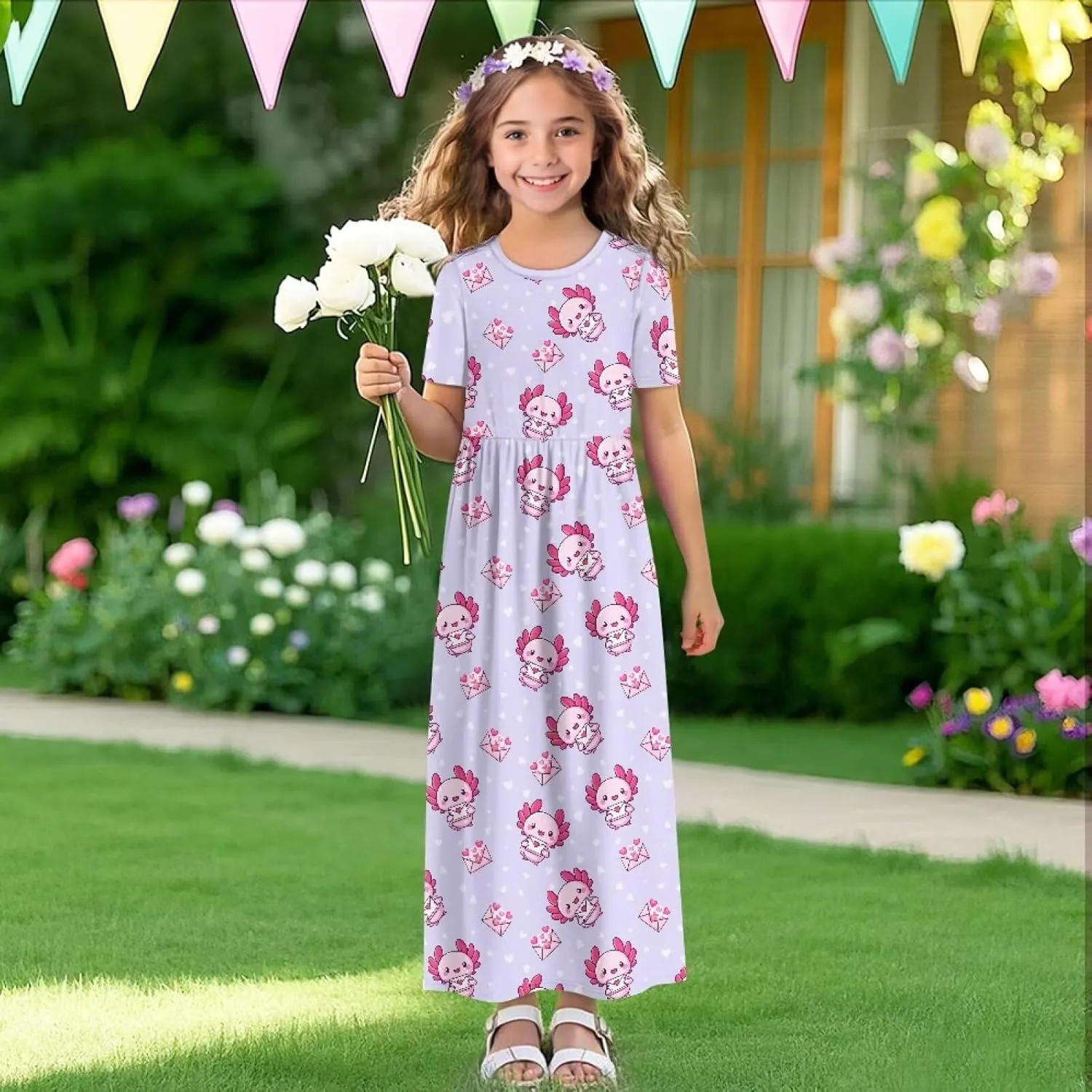 Girls Maxi Dress with Pockets Short Sleeve Swing Flowy Dress Holiday Dresses Summer Beach Sundress for 5-14 Years