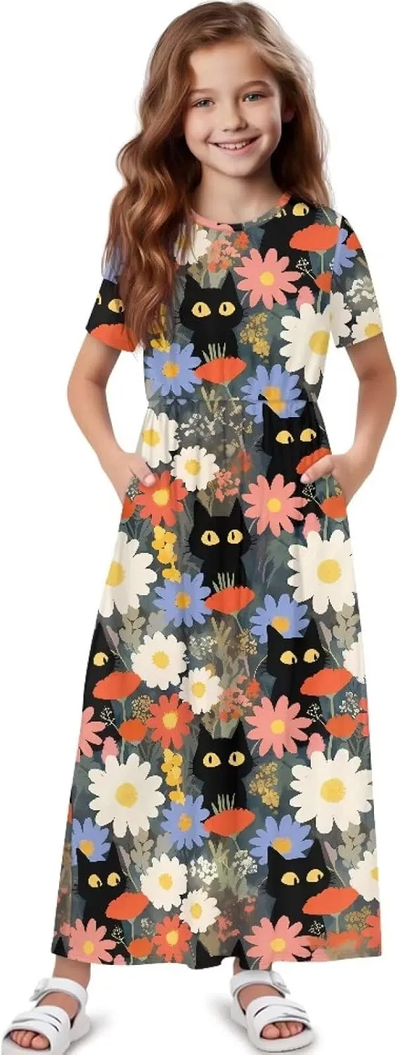 Girls Maxi Dress with Pockets Short Sleeve Swing Flowy Dress Holiday Dresses Summer Beach Sundress for 5-14 Years