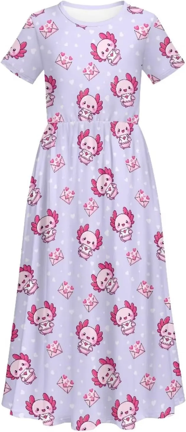 Girls Maxi Dress with Pockets Short Sleeve Swing Flowy Dress Holiday Dresses Summer Beach Sundress for 5-14 Years