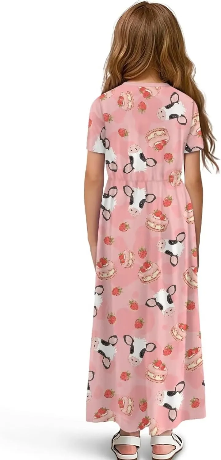 Girls Maxi Dress with Pockets Short Sleeve Swing Flowy Dress Holiday Dresses Summer Beach Sundress for 5-14 Years