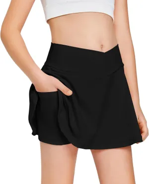 Girls Tennis Skirt with Pockets Shorts Crossover High Waisted Athletic Skorts Workout Golf Running Skirts