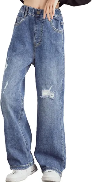 Girls' Wide Leg Baggy Jeans Elastic Wasit Pull On Denim Casual Pants