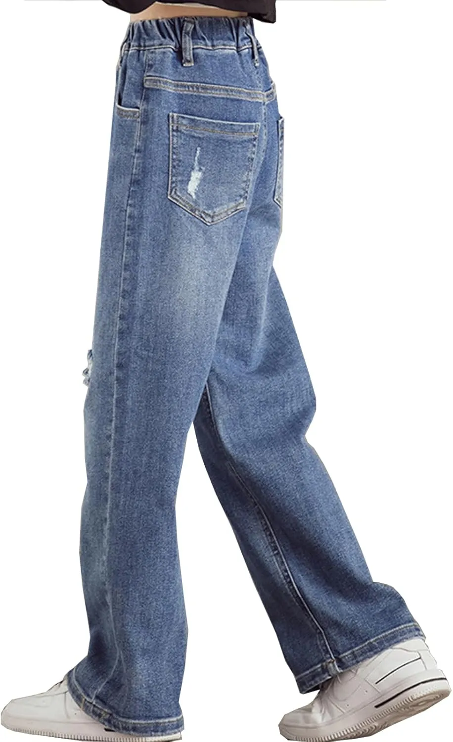 Girls' Wide Leg Baggy Jeans Elastic Wasit Pull On Denim Casual Pants