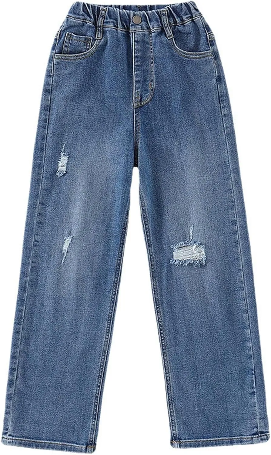 Girls' Wide Leg Baggy Jeans Elastic Wasit Pull On Denim Casual Pants