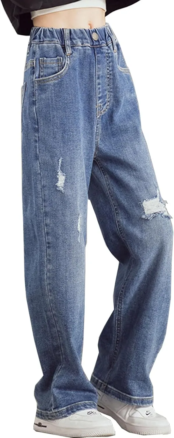 Girls' Wide Leg Baggy Jeans Elastic Wasit Pull On Denim Casual Pants