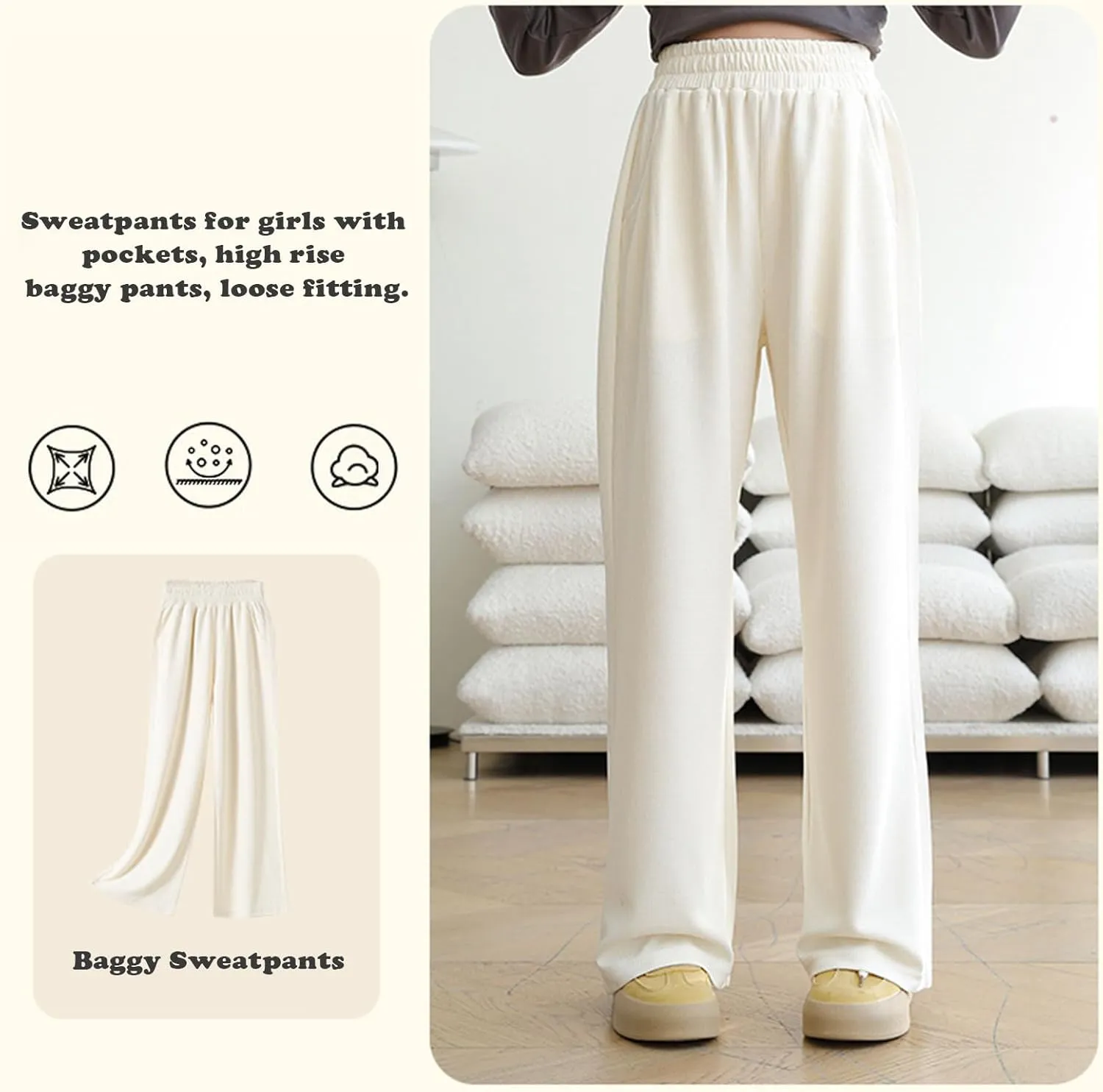 Girl's Wide Leg Sweatpants Baggy Straight Loose Sweat Pants High Waist Causal Kids Athletic Pants with Pockets 6-14Y