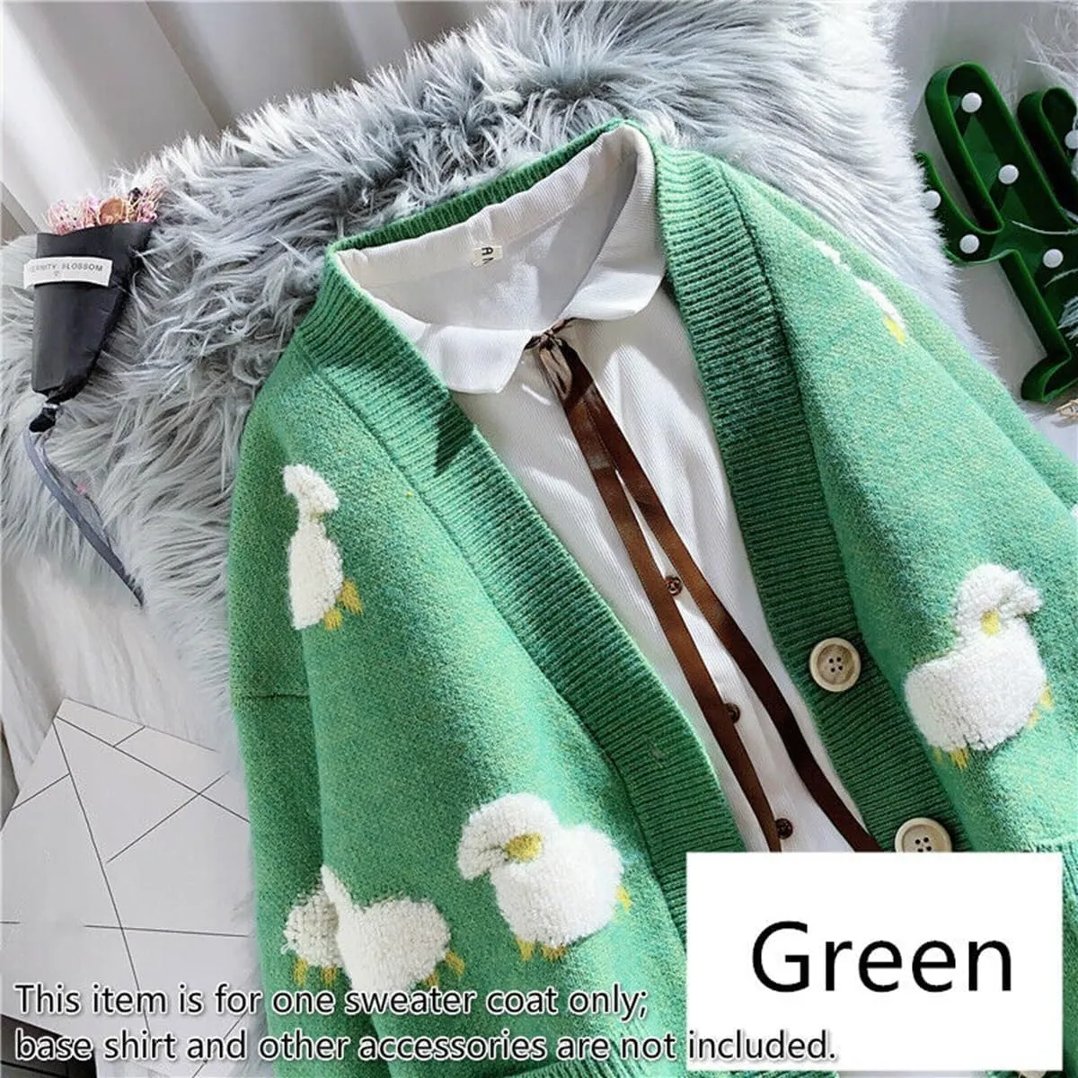 GK-O Ladies Girl Cute Sheep Sweater Coat Cardigan Knitted Tops Kawaii Preppy Cartoon Casual