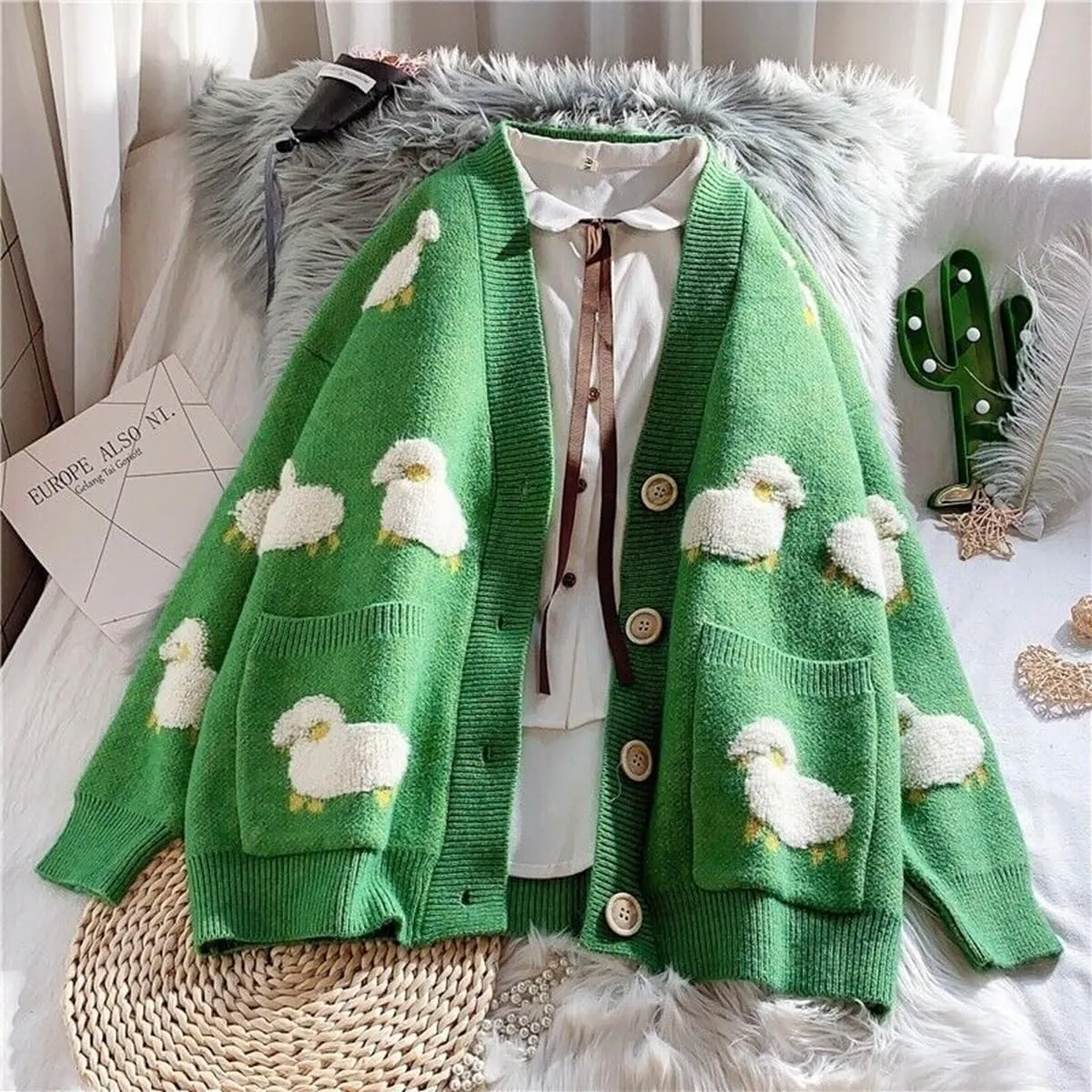 GK-O Ladies Girl Cute Sheep Sweater Coat Cardigan Knitted Tops Kawaii Preppy Cartoon Casual
