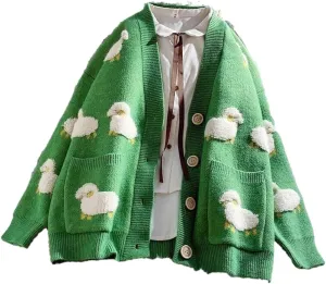 GK-O Ladies Girl Cute Sheep Sweater Coat Cardigan Knitted Tops Kawaii Preppy Cartoon Casual