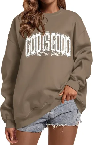 God is Good Christian Sweatshirt Women Oversized Jesus Faith Bible Verse Fleece Pullover Inspirational Graphic Tops