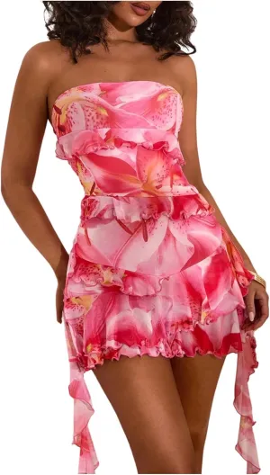 GORGLITTER Women's Floral Strapless Ruffle Mini Dress Layered Backless Bodycon Short Tube Dresses