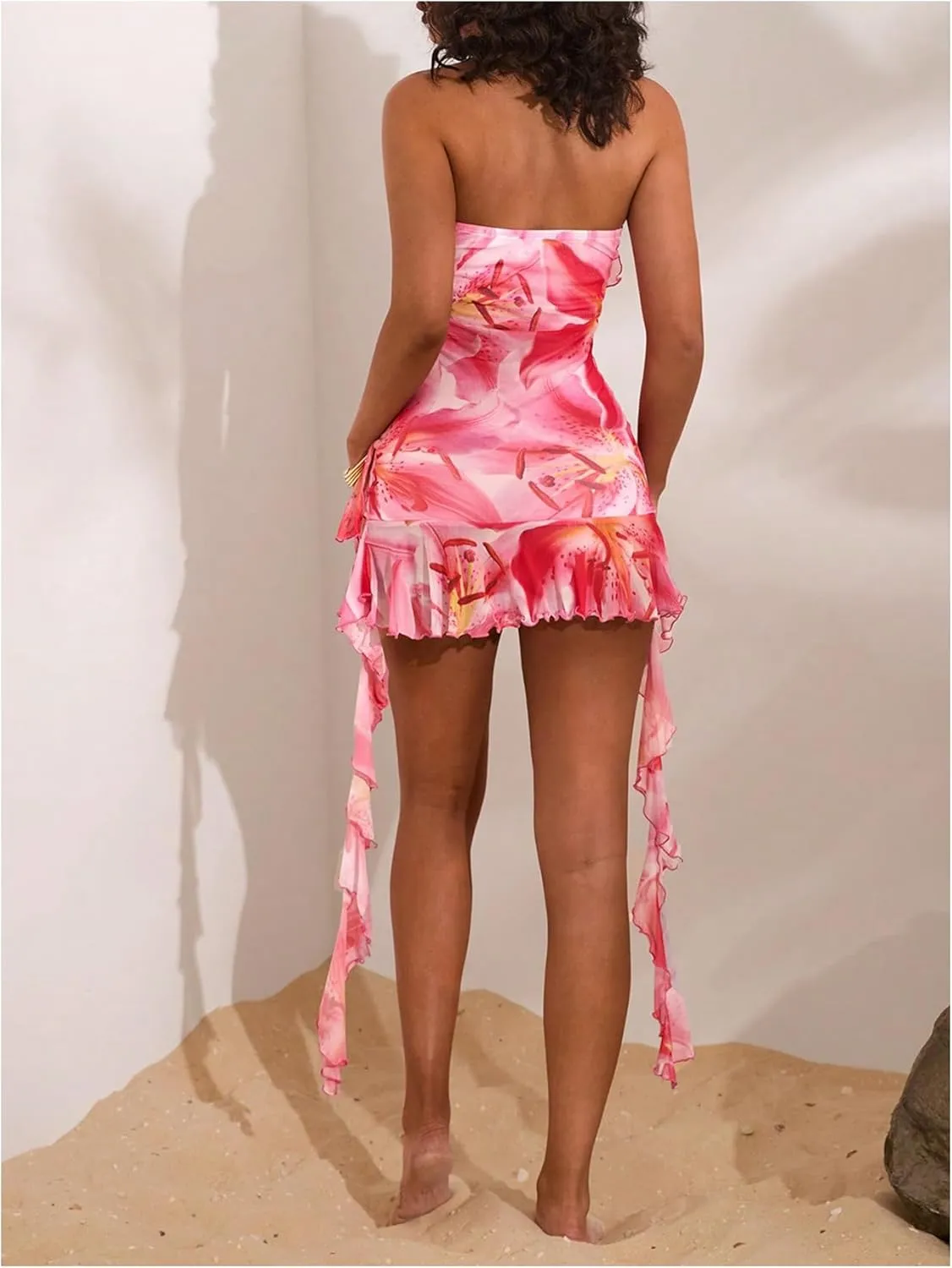 GORGLITTER Women's Floral Strapless Ruffle Mini Dress Layered Backless Bodycon Short Tube Dresses