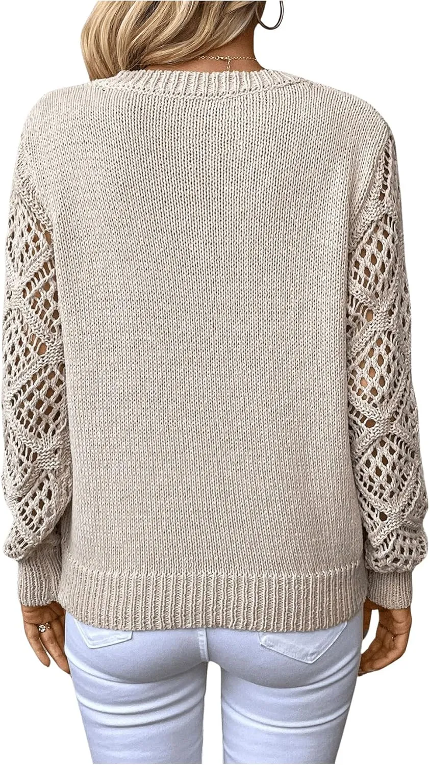 GORGLITTER Women's Hollow Out Sweater V Neck Long Sleeve Knit Pullover Top Fall Fashion Fall Fashion