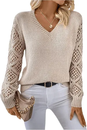 GORGLITTER Women's Hollow Out Sweater V Neck Long Sleeve Knit Pullover Top Fall Fashion Fall Fashion
