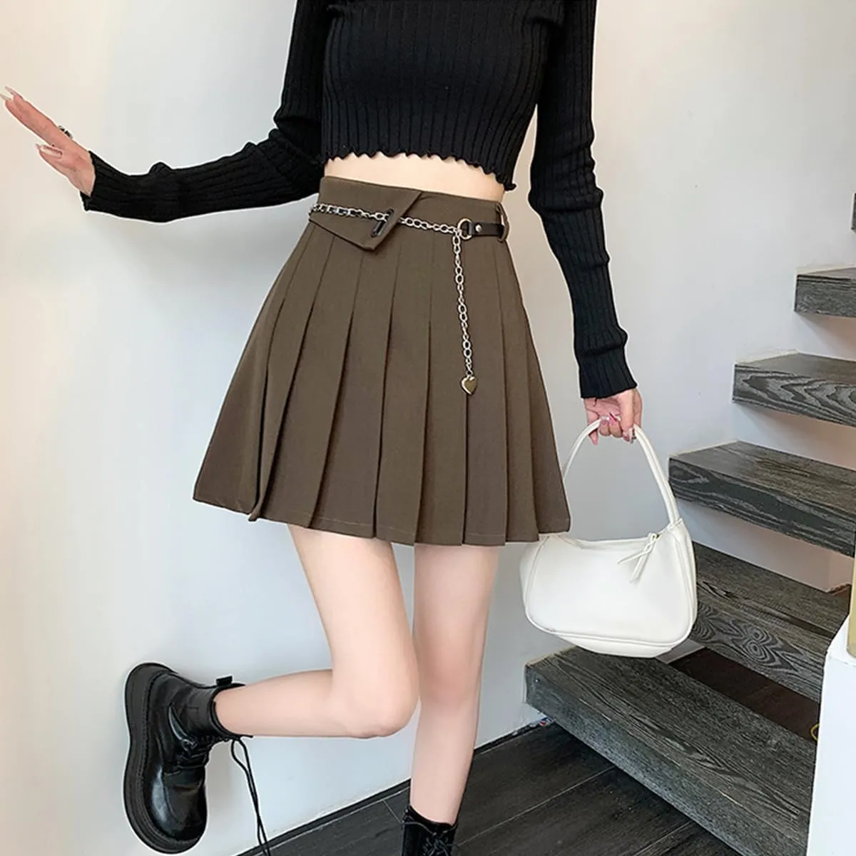 Gothic Fashion Womens Mini Skirt Casual Y2K High Waist A-Line Cute Heart Belt Pleated Skirt