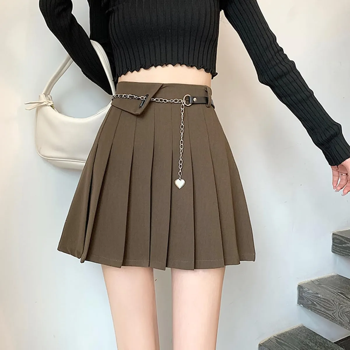 Gothic Fashion Womens Mini Skirt Casual Y2K High Waist A-Line Cute Heart Belt Pleated Skirt