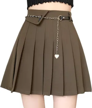 Gothic Fashion Womens Mini Skirt Casual Y2K High Waist A-Line Cute Heart Belt Pleated Skirt