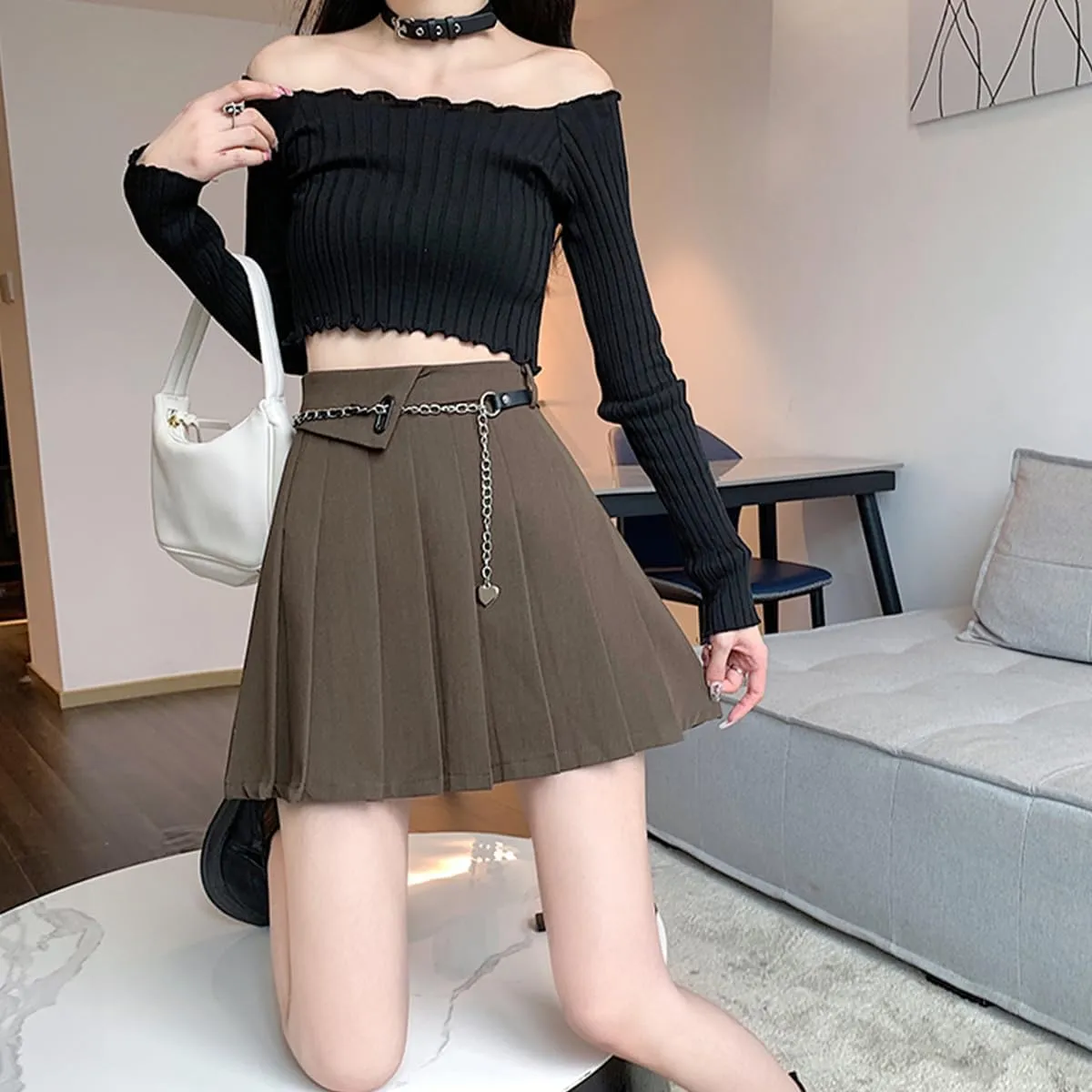 Gothic Fashion Womens Mini Skirt Casual Y2K High Waist A-Line Cute Heart Belt Pleated Skirt